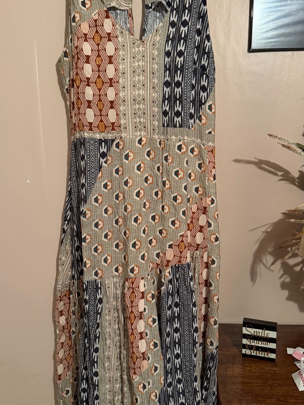 Garage Patchwork Maxi Dress in Navy, Rust & Cream